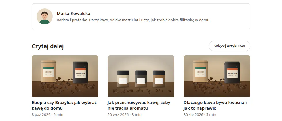 Koniec wpisu: ramka z autorką Martą Kowalską i trzy karty powiązanych artykułów pod nagłówkiem Czytaj dalej.