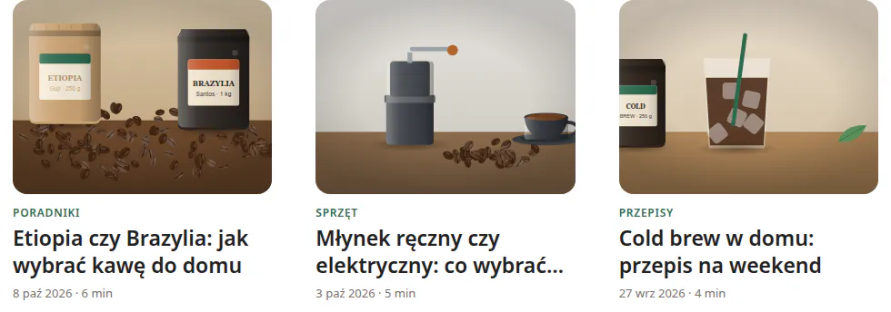 Te same karty z ustawieniami marki: zielony akcent, mocno zaokrąglone rogi zdjęć, format 4:3 i większe odstępy.