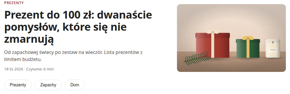Blog pracowni świec w układzie Magazyn z wyróżnionym wpisem o prezentach do stu złotych.