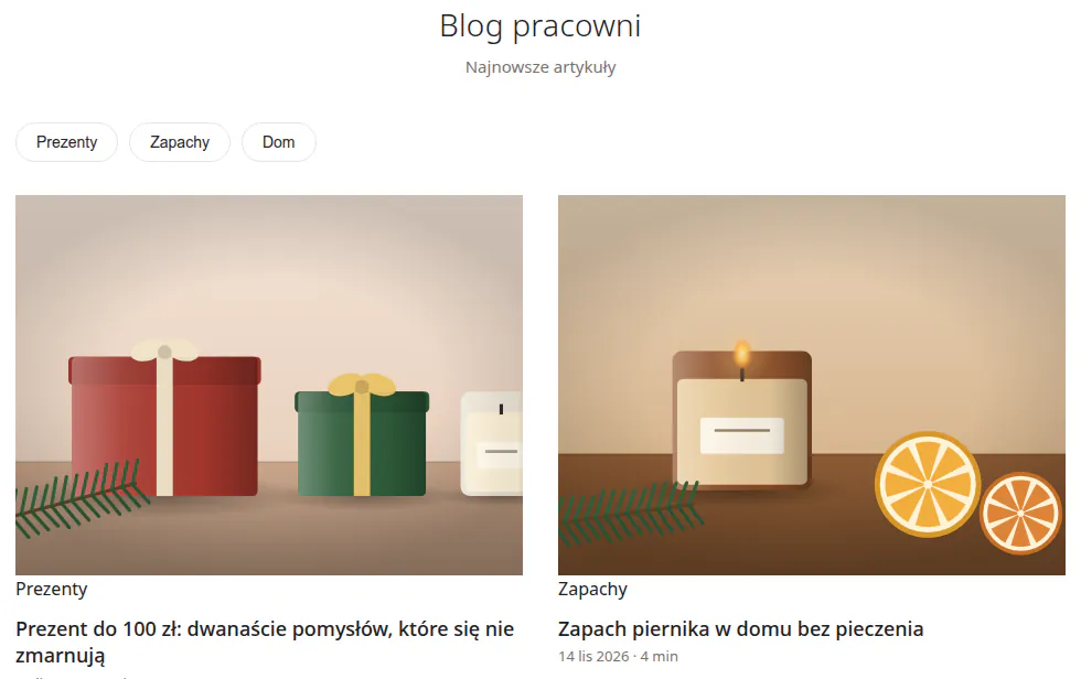 Ten sam blog pracowni świec w układzie Siatka zdjęć: dwie duże karty z prezentami i świecą piernikową.