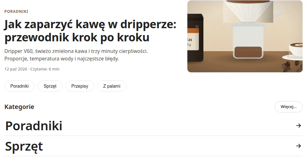 Układ Magazyn na blogu palarni kawy: wyróżniony wpis o dripperze, przyciski kategorii i lista kategorii dużym krojem.