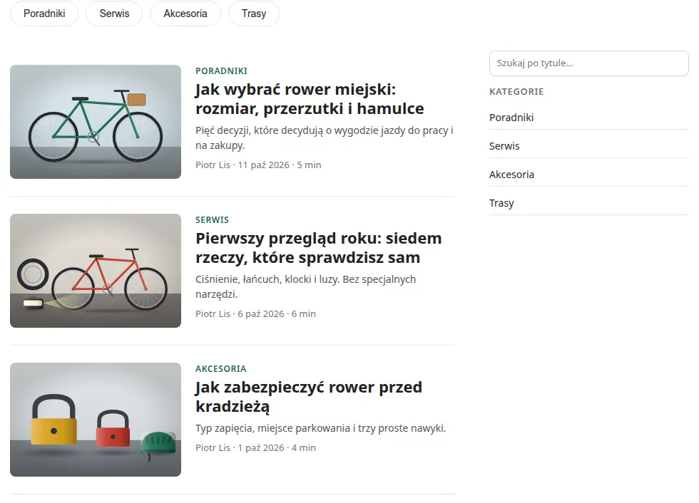Układ Lista na blogu sklepu rowerowego: wiersze z miniaturą, kategorią i autorem oraz wyszukiwarka i kategorie z prawej.