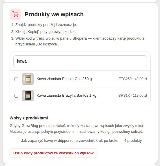 Panel, karta Produkty we wpisach: wyszukiwarka, dwa zaznaczone produkty i lista wpisów z kodami produktów.