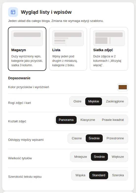 Panel GrowBlog, karta Wygląd listy i wpisów: trzy układy do wyboru i ustawienia Dopasowanie.