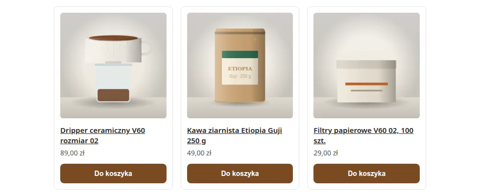 Trzy karty produktów w artykule o parzeniu kawy: dripper, kawa Etiopia i filtry, każda z ceną i przyciskiem Do koszyka.