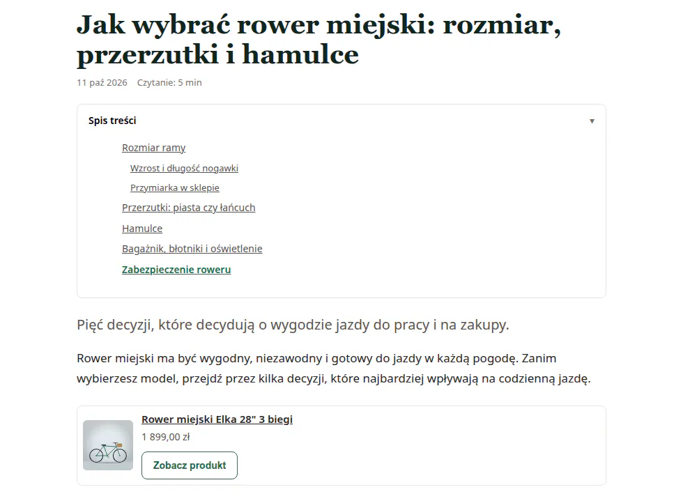 Początek poradnika o rowerze miejskim: tytuł, czas czytania 5 min, rozwinięty spis treści z podpunktami i karta roweru z przyciskiem Zobacz produkt.